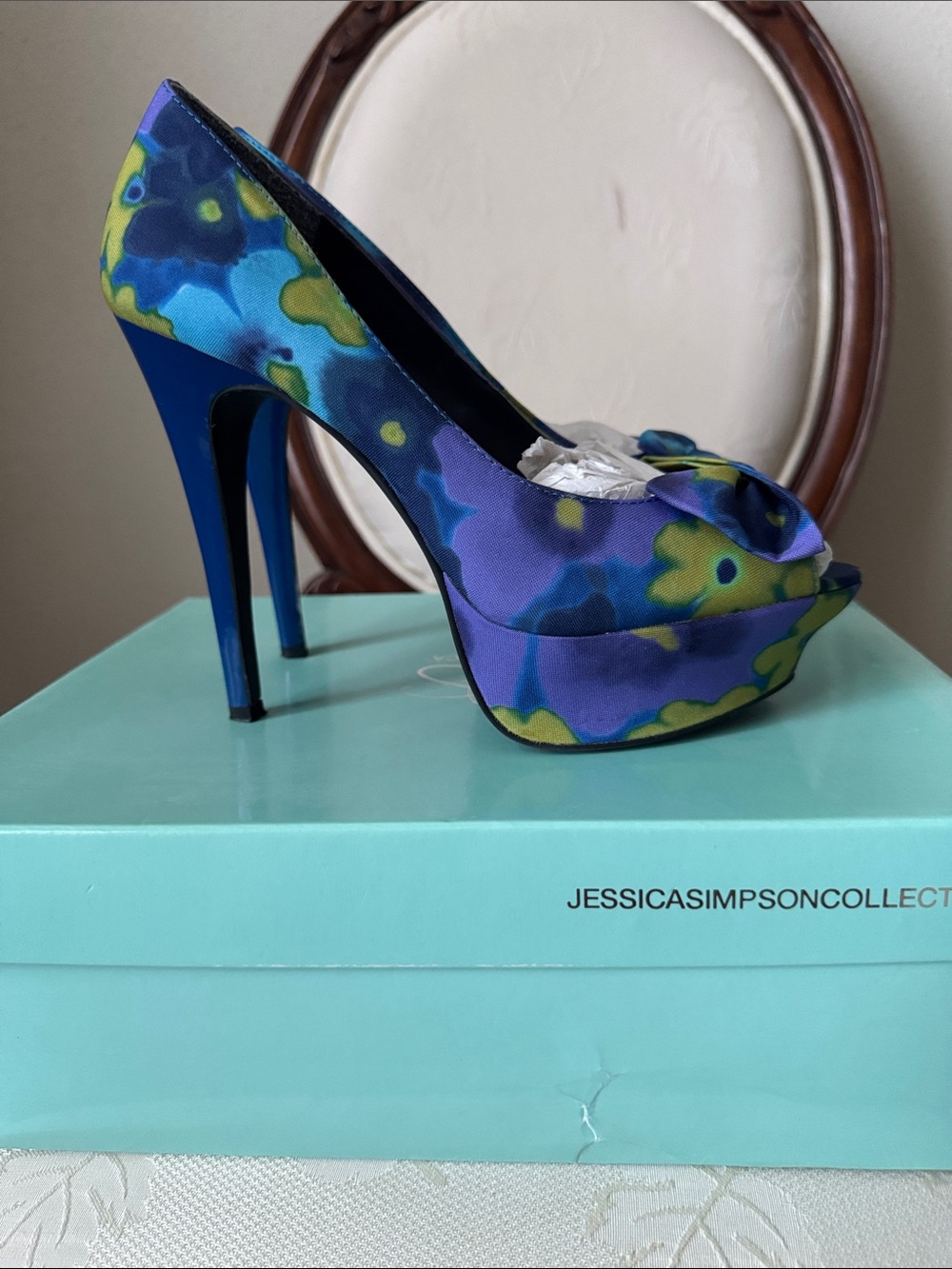 Jessica Simpson Blue Floral Satin Peep-Toe Heels - Picture 2 of 6